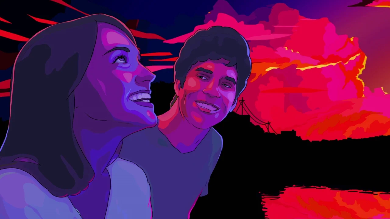 Tower (2016) movie still: medium — A silhouette of a bridge structure sits against a brilliant, hyper-saturated red sunset sky. A young man and…
