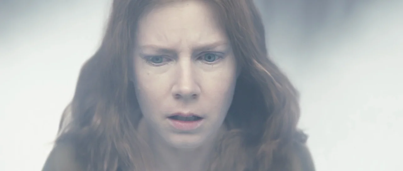 Arrival (2016) movie still: closeup — A woman stands in a featureless, light-grey environment covered in dense, low-hanging fog. The subject gazes…