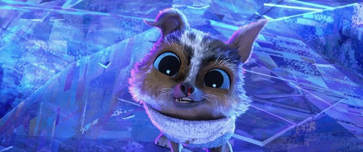 Puss in Boots: The Last Wish (2022) movie still: closeup — A small anthropomorphic animal stands within a glowing, faceted, abstract digital…