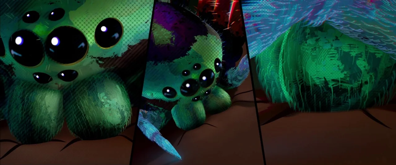 Spider-Man: Into the Spider-Verse (2018) movie still: closeup — A stylized, digital rendering depicts a green spider with multiple large dark eyes.…