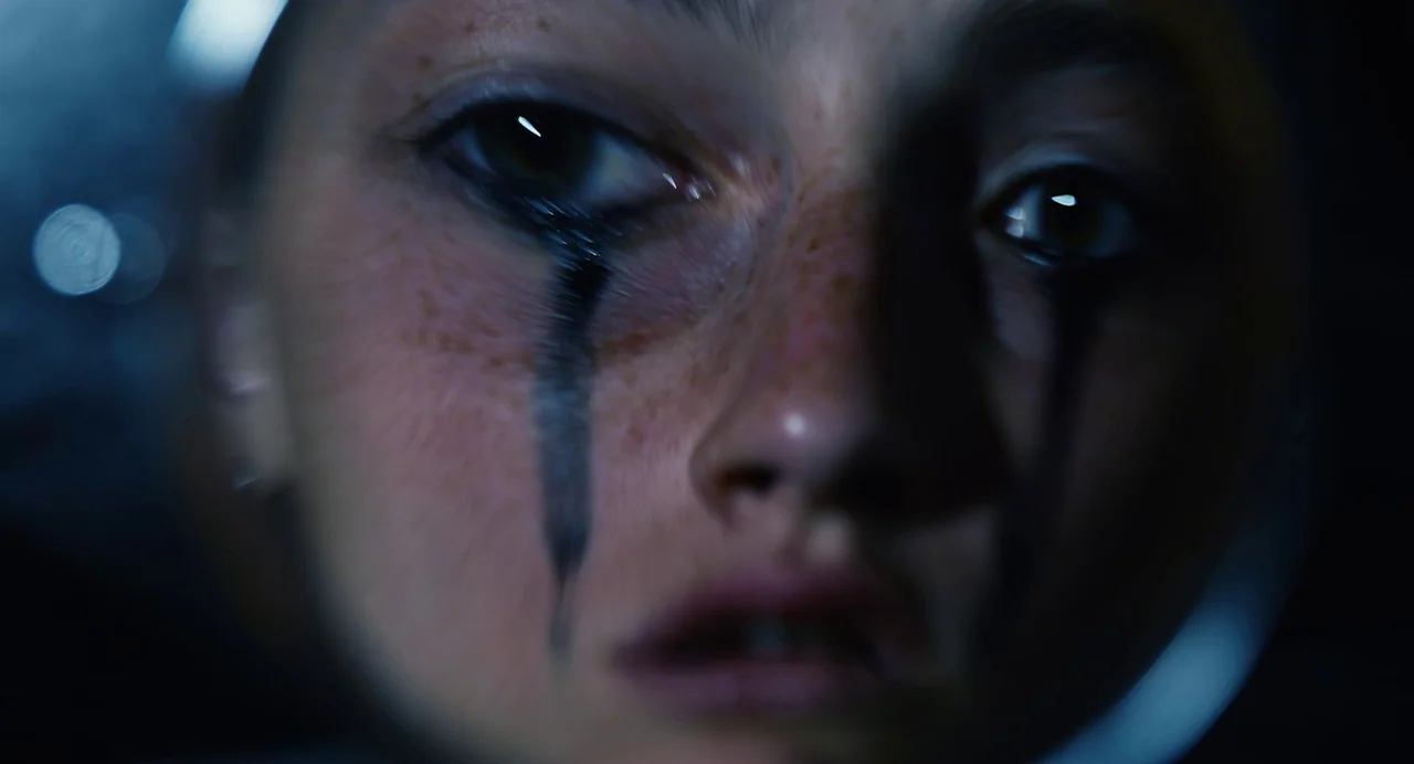 Hellbender (2021) movie still: closeup — A close-up view reflected in a circular mirror shows a pale, freckled face. Dark liquid streaks run down…
