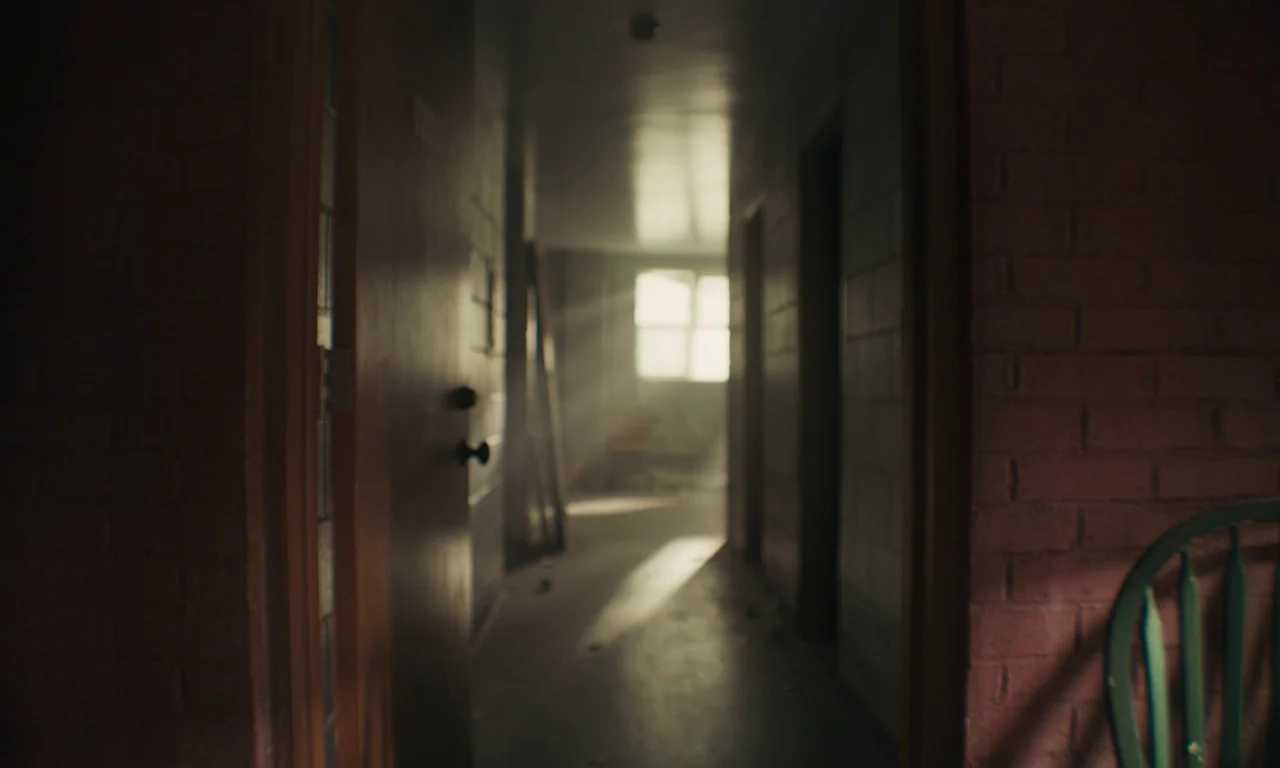 We Grown Now (2023) movie still: establishing — A dark hallway with block walls leads to a bright light source at the end. Sunlight creates visible…