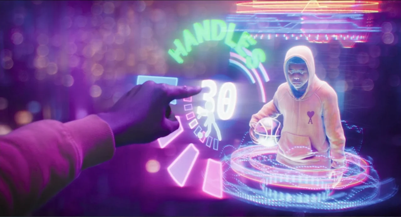 Space Jam: A New Legacy (2021) movie still: medium — A dark space features a glowing interactive holographic interface displaying a…
