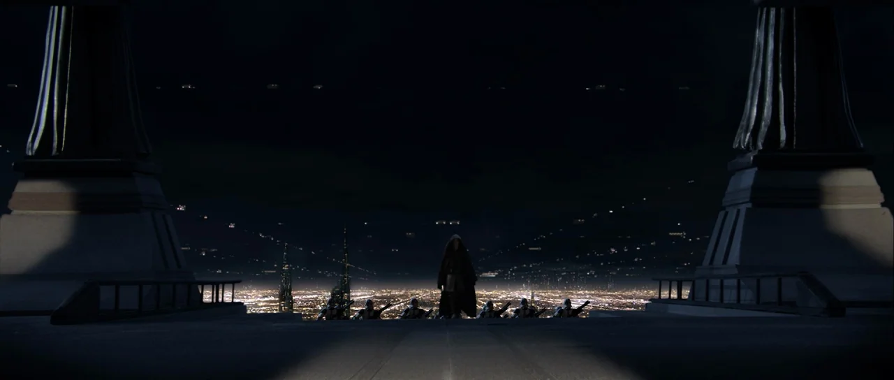 Star Wars: Episode III – Revenge of the Sith (2005) movie still: wide — A dark balcony overlooks a sprawling futuristic city illuminated by millions…