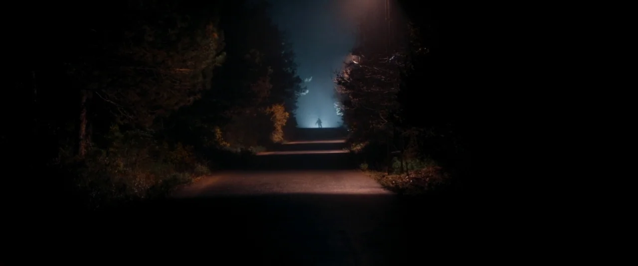 Baskin (2015) movie still: wide — A dark paved road is surrounded by dense trees on both sides at night. A lone silhouette is visible standing in…
