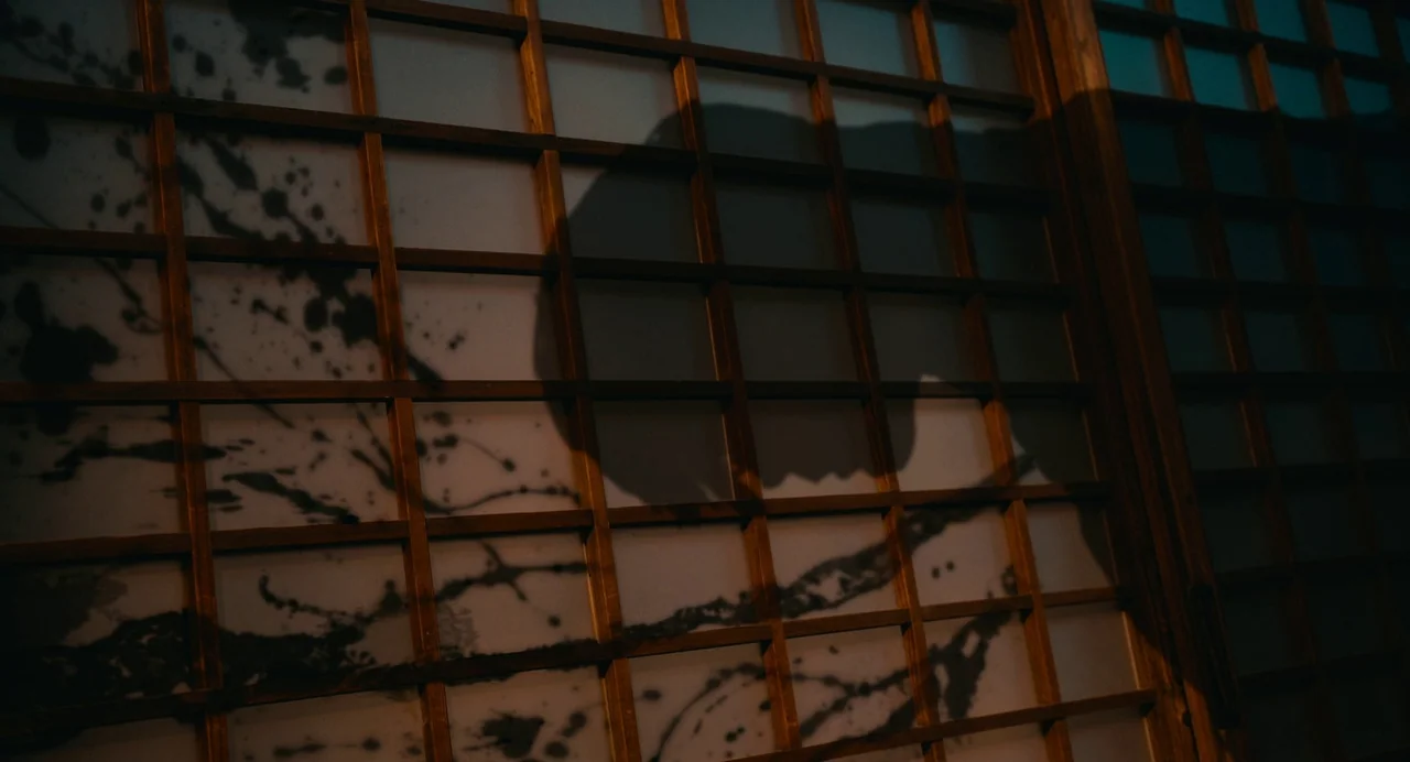 xxxHolic (2022) movie still: closeup — A translucent wooden lattice screen features abstract dark ink-like splatters across its surface. A large…