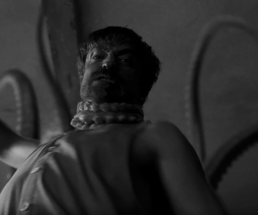 The Lighthouse (2019) movie still: medium — A dark space with indistinct shapes and textures in the background. A man stares down at the camera with…
