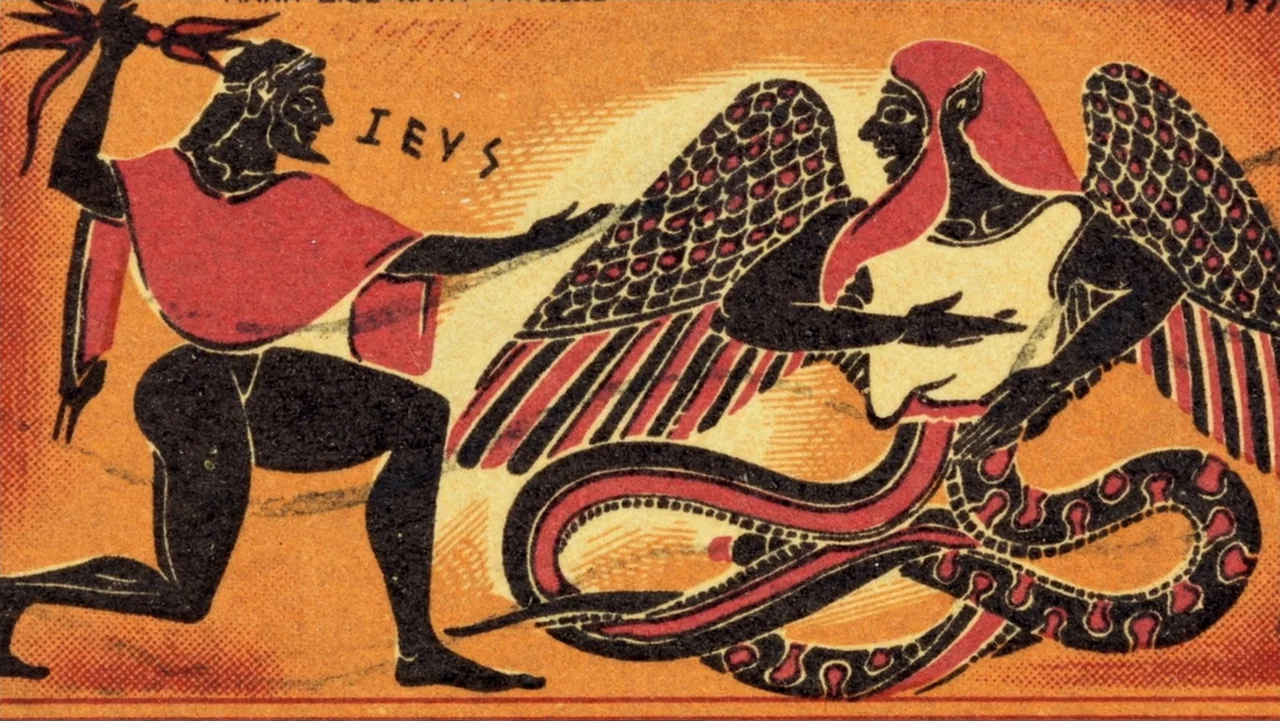 The Atlantis Puzzle (2024) movie still: medium — A stylized graphic depiction of a bearded man facing a winged serpentine creature. The characters…