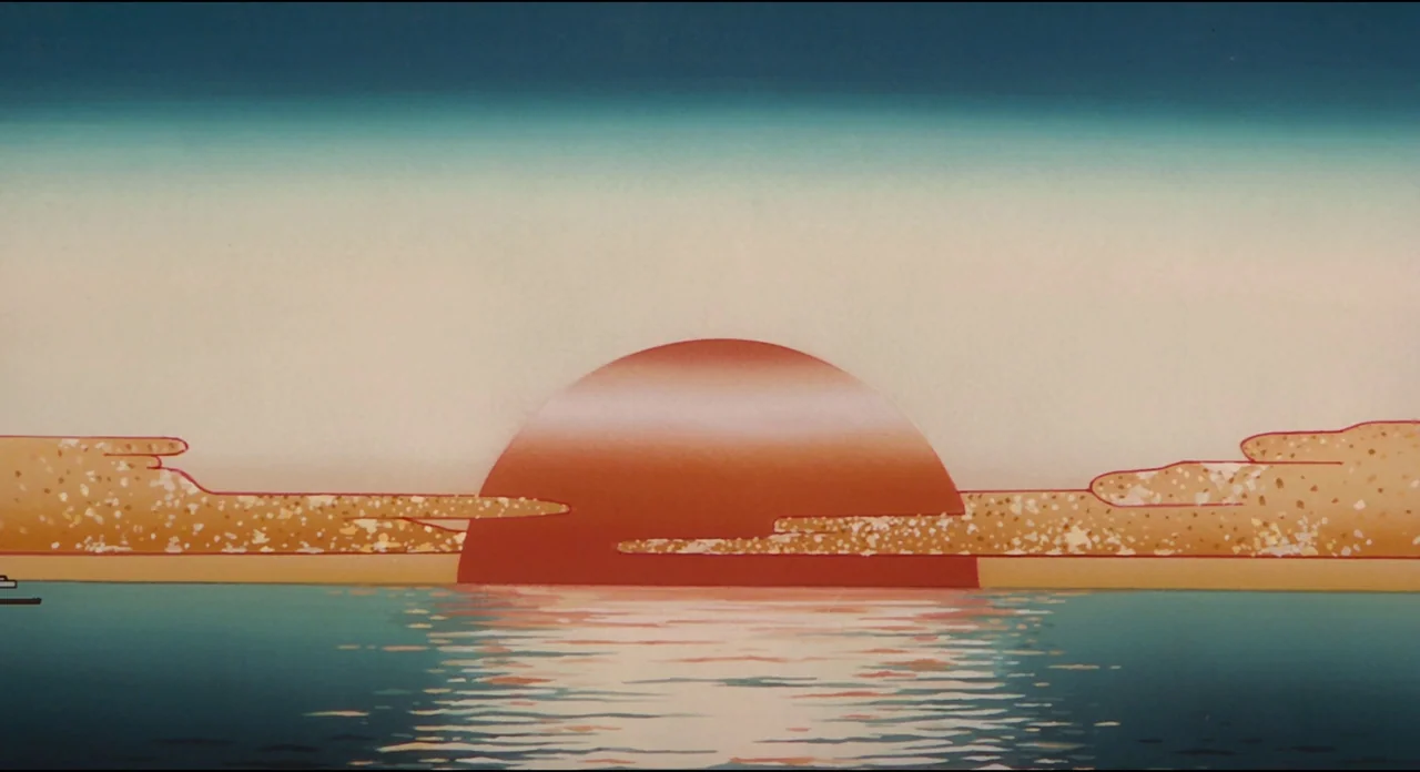 Millenium Actress (2001) movie still: establishing — A stylized sunrise over a still, blue ocean surface with distant flat golden clouds. The large…