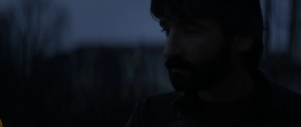 Silence (2012) movie still: closeup — A man is positioned outdoors during the blue hour with dark, out-of-focus trees behind. The subject remains…