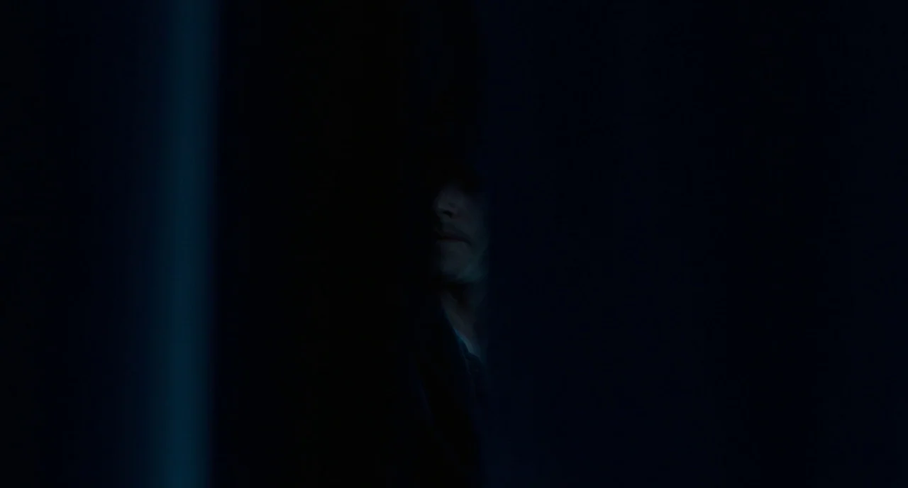 It’s Only The End Of The World (2016) movie still: closeup — A dark, obscured space is bisected by a sharp vertical shadow cast by a door. Only a…