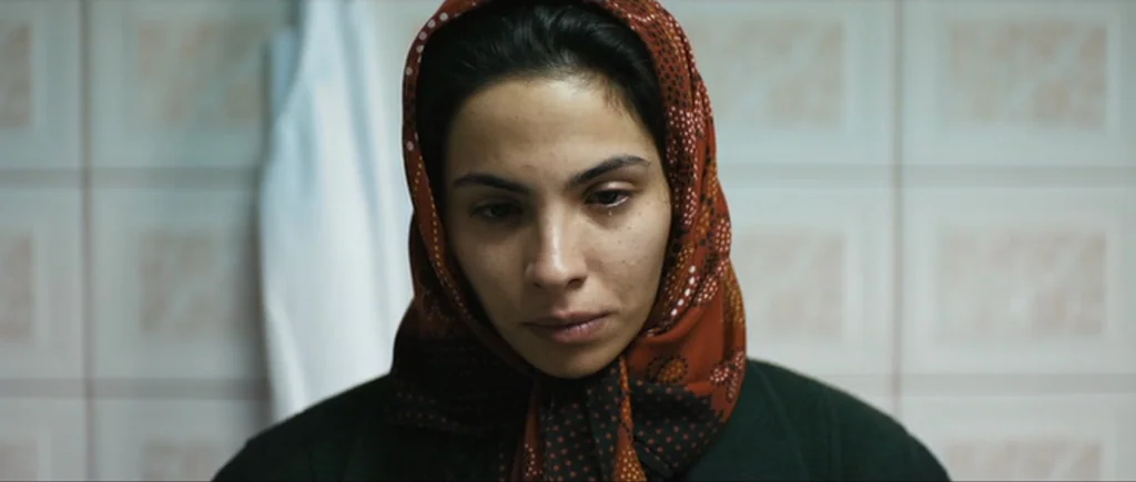 Once Upon a Time in Anatolia (2011) movie still: closeup — A woman stands before a wall covered in light-colored square ceramic tiles. The woman…