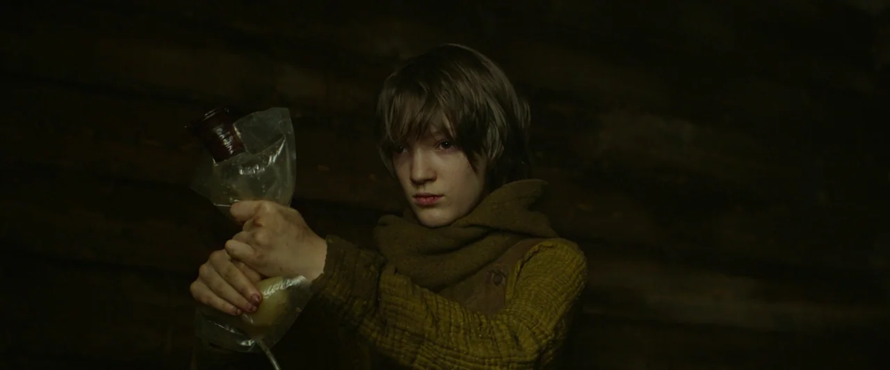 Vesper (2022) movie still: medium — A dark interior with visible horizontal wooden logs forming the walls. A young girl holds a clear plastic pouch…