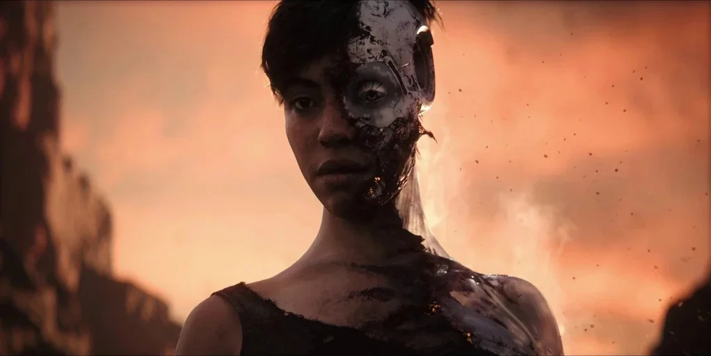 Love, Death & Robots (2019) movie still: medium — A desolate, hazy wasteland landscape is filled with floating embers and dust particles. A person…