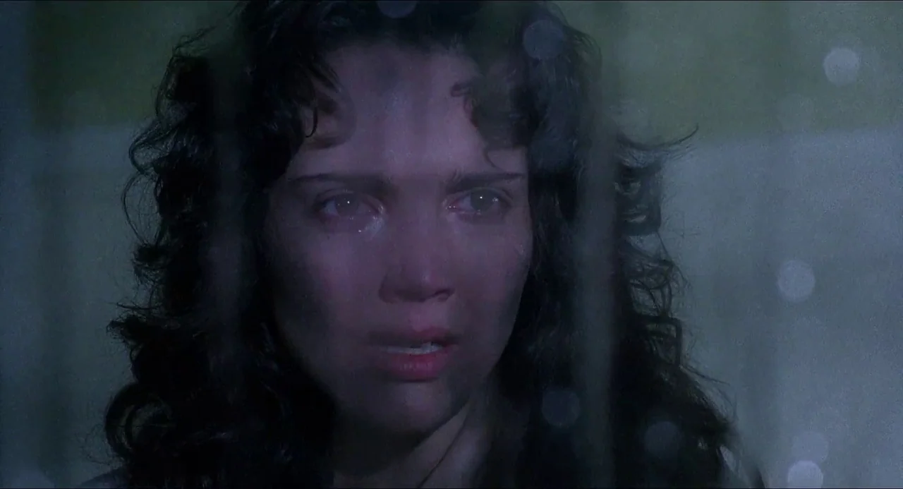 Hellbound: Hellraiser II (1988) movie still: closeup — A woman stares through a rain-streaked window at night. Raindrops blur the vision while she…