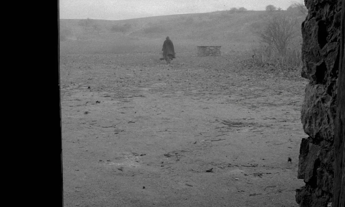 The Turin Horse (2011) movie still: wide — A desolate and flat landscape under an overcast sky viewed through a stone doorway. A solitary hooded…
