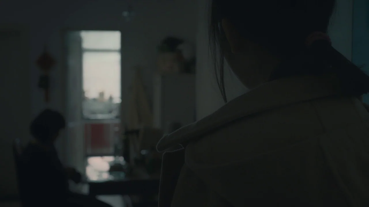 An Elephant Sitting Still (2018) movie still: closeup — A dimly lit indoor space features a distant sunlit doorway opening to the outdoors. A person…