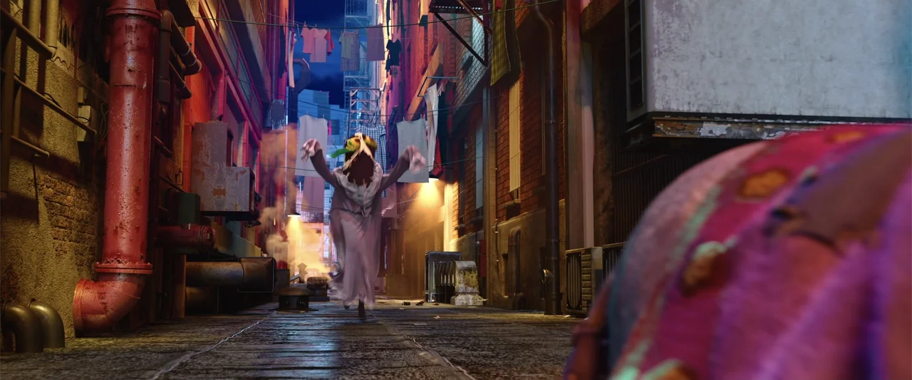 Happy Family (2018) movie still: fullbody — A narrow city alley features brick walls and laundry hanging on overhead wires. A hooded figure runs…