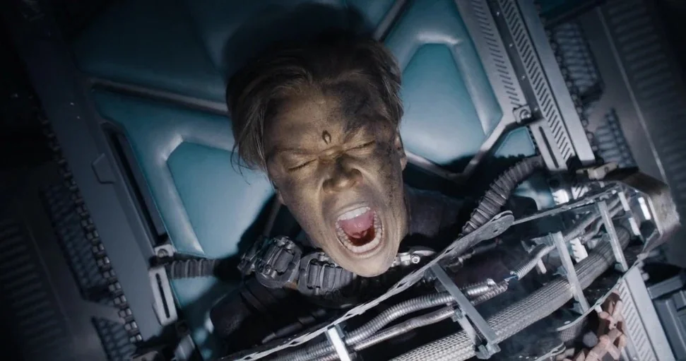 Guardians of the Galaxy Vol. 3 (2023) movie still: closeup — A high-tech pilot chair features blue padding and complex metallic restraint…