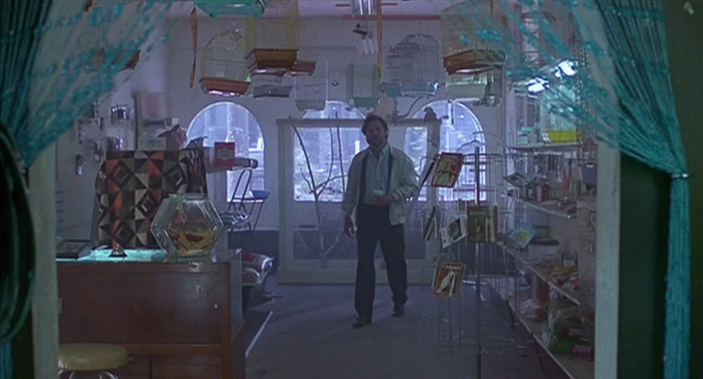Exotica (1994) movie still: fullbody — A quiet pet store interior contains hanging bird cages and arched windows in back. A middle-aged man walks…