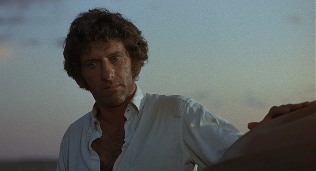 Vanishing Point (1971) movie still: medium — An open coastal landscape at twilight with a soft, fading horizon line. A man with curly hair and an…