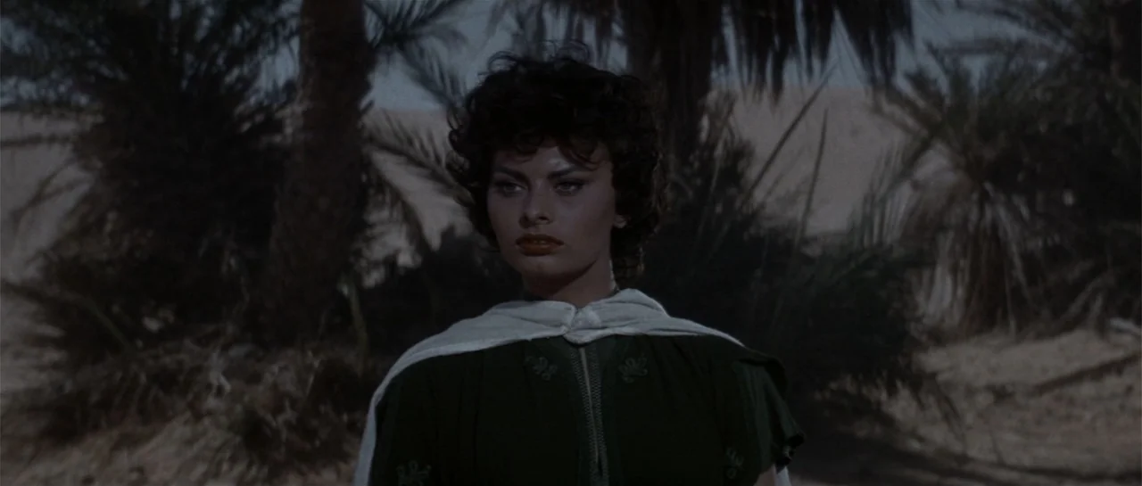 Legend of the Lost (1957) movie still: medium — A desert location features dark green palm foliage against a sandy, arid background. A woman in a…