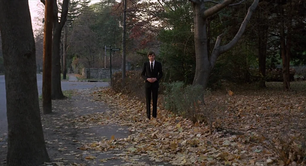 Puzzle of a Downfall Child (1970) movie still: fullbody — An autumn sidewalk is covered in fallen leaves near a row of trees. A young man in a dark…
