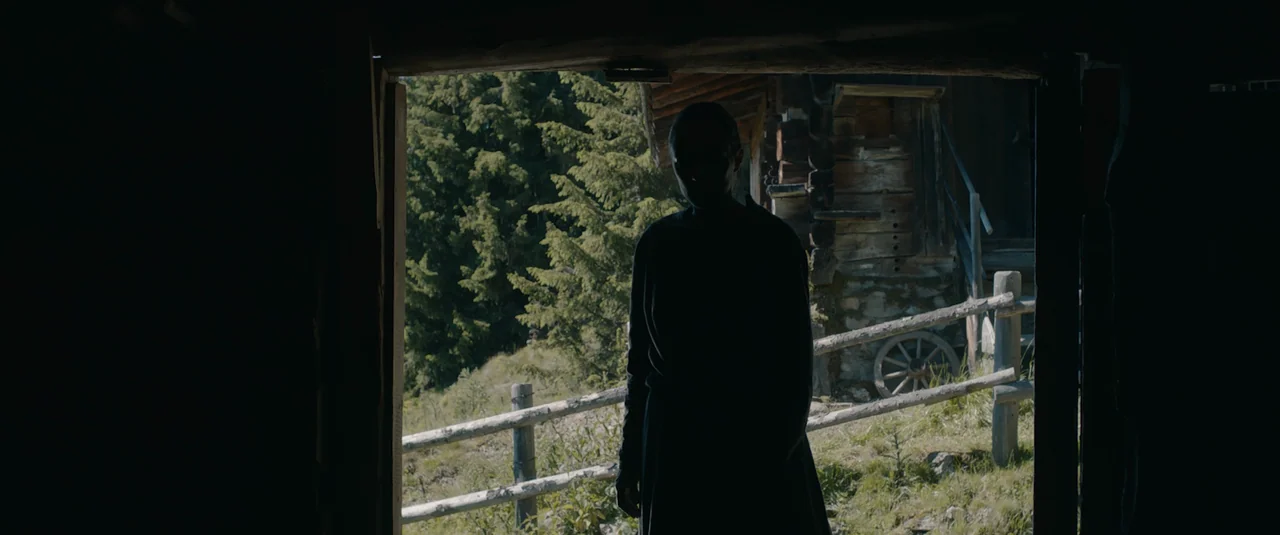 Hagazussa (2017) movie still: medium — A silhouette stands in the darkened frame of a doorway looking out. The exterior shows a bright green…