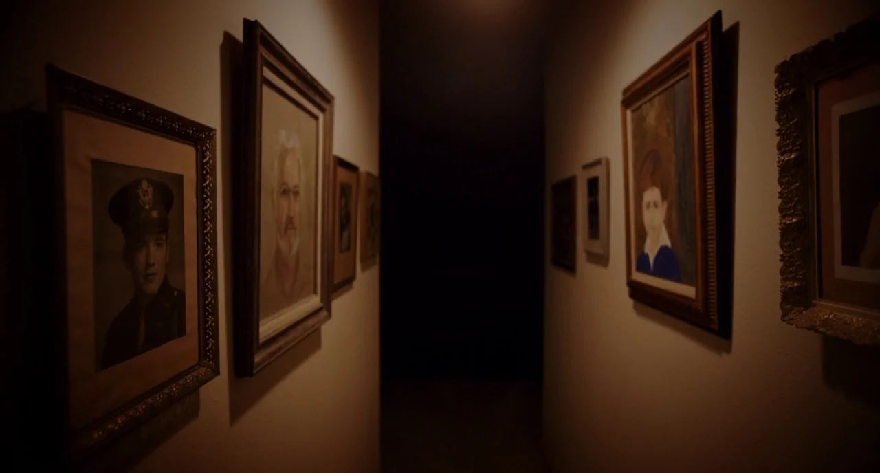 Krisha (2015) movie still: establishing — A dimly lit narrow hallway is lined with framed portraits on both walls. The corridor leads into a deep…