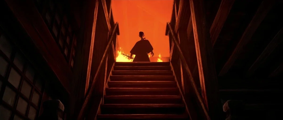 BLUE EYE SAMURAI (2023) movie still: wide — A dark wooden staircase leads upward toward a bright, fiery orange opening. A silhouetted figure in a…