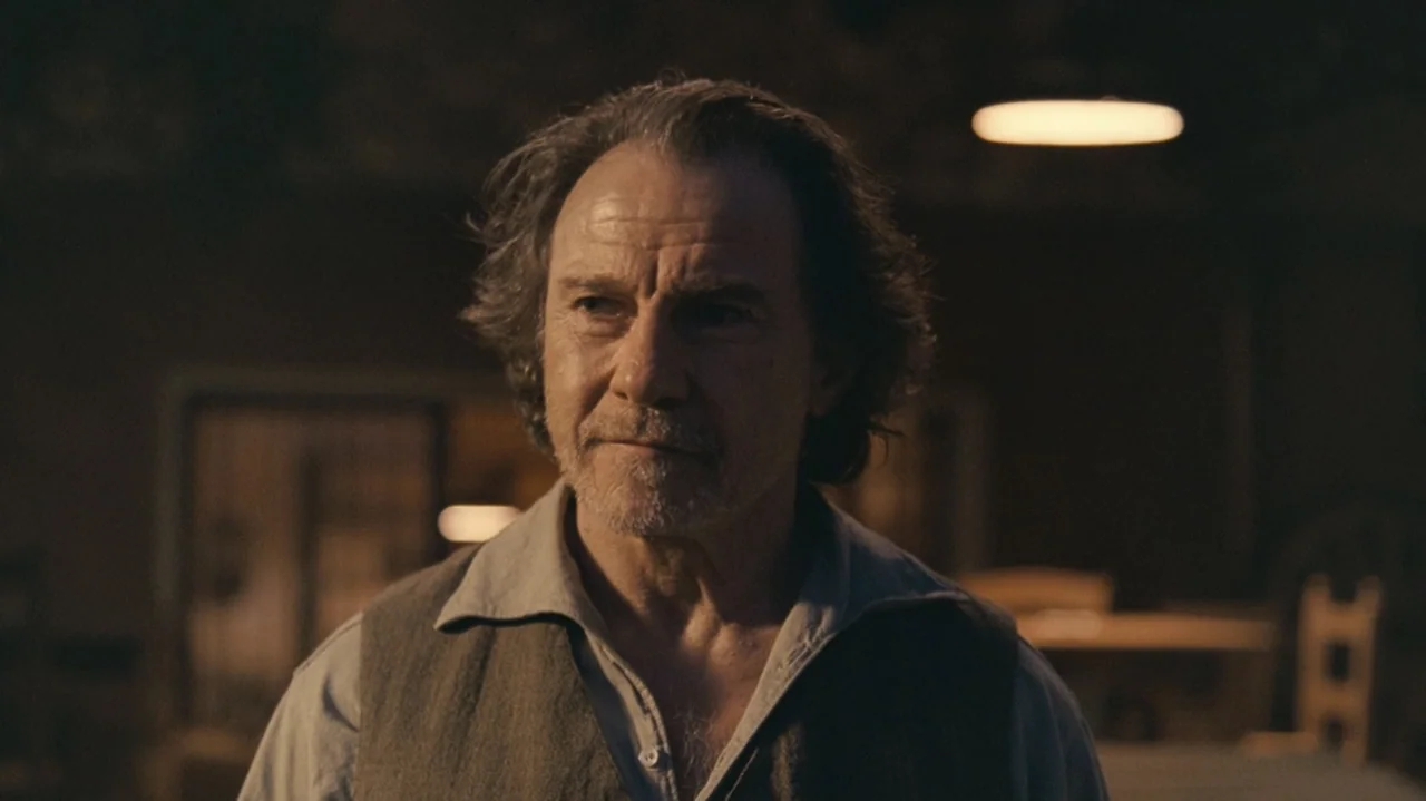 Shadows in the Sun (2005) movie still: medium — A dimly lit room features a man standing in the foreground with out-of-focus furnishings behind. The…
