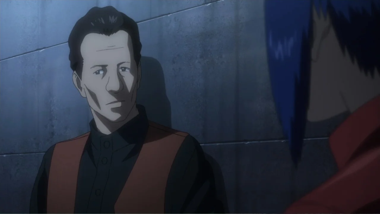 Ghost in the Shell: Arise - Border 1: Ghost Pain (2013) movie still: medium — A dark corridor features smooth grey walls with visible panel lines. A…