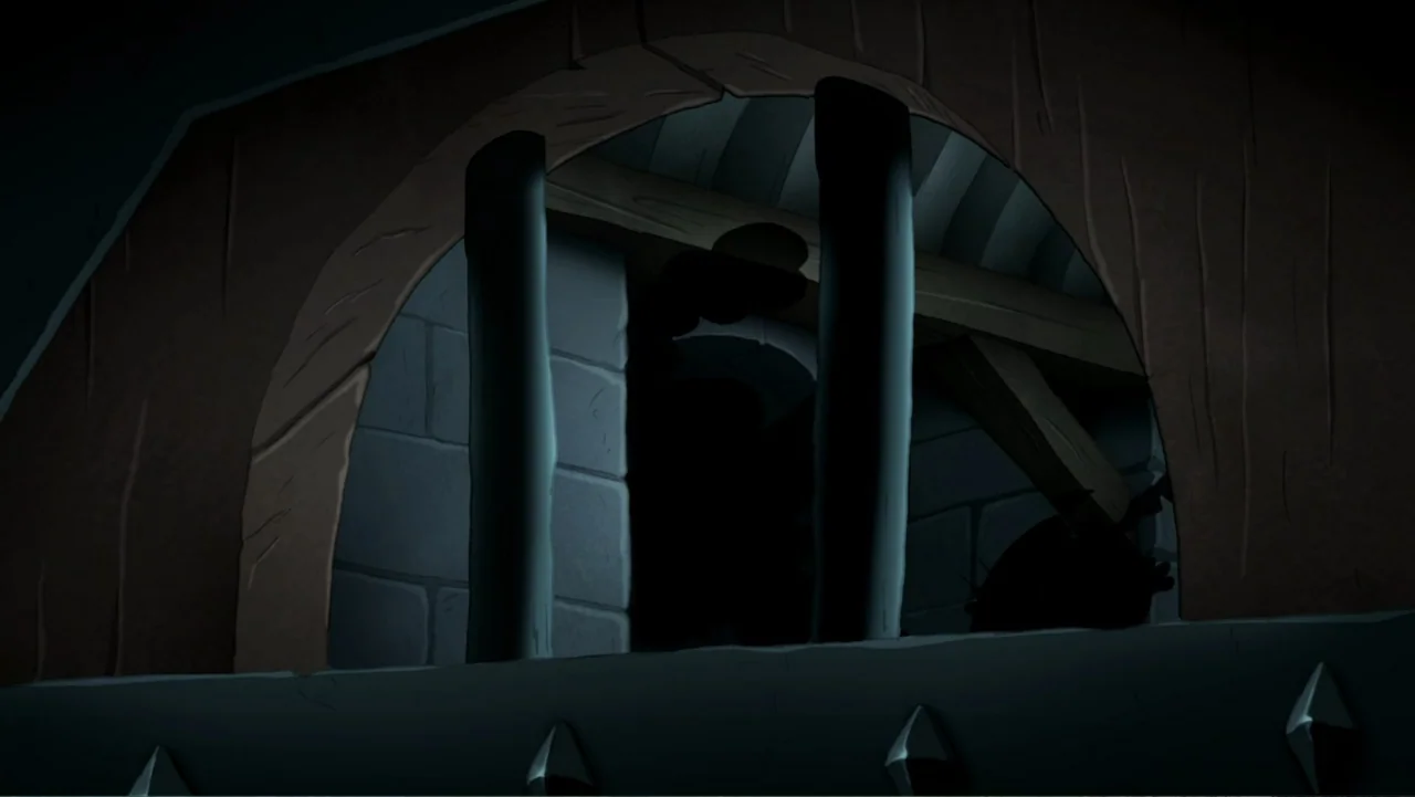Tom and Jerry: Robin Hood and His Merry Mouse (2012) movie still: establishing — A dark stone room with vertical iron bars framing a small arched…