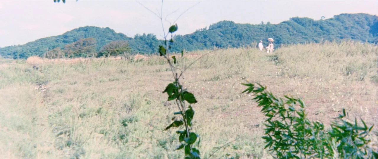 Lady Snowblood (1973) movie still: wide — A wide, grassy hill slopes gently upward toward a line of distant green mountains. Two small figures with…