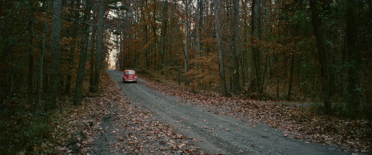 Coming Through the Rye (2016) movie still: wide — A narrow dirt road runs through a thick forest covered in fallen autumn leaves. A small red…