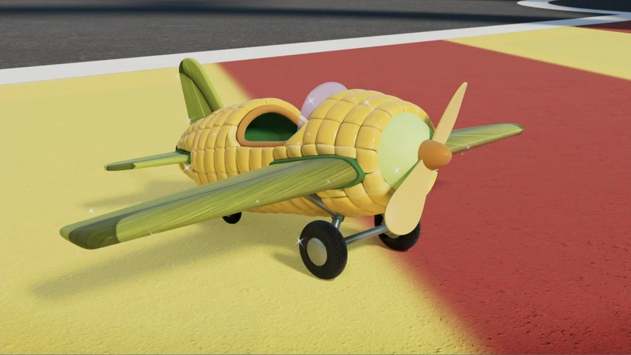 PAW Patrol: Air Rescue (2025) movie still: medium — A small airplane shaped like a cob of corn sits on a multi-colored tarmac. The vehicle features…