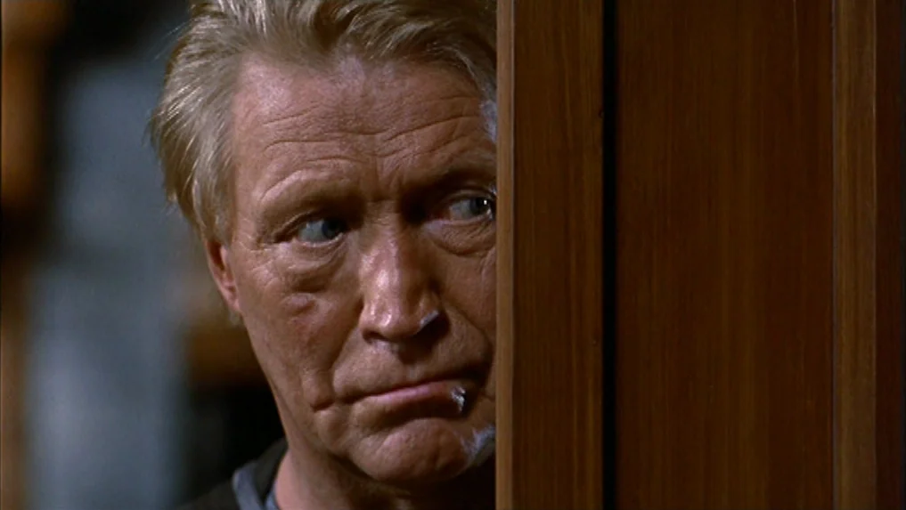 The Scarlet Letter (1973) movie still: closeup — A man peers through a gap created by a partially open wooden door. The wooden door frame occupies…