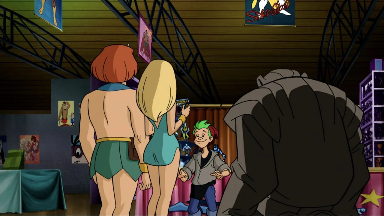 Scooby-Doo! Mask of the Blue Falcon (2012) movie still: fullbody — A room with posters on walls and display cases filled with figurines. Three…