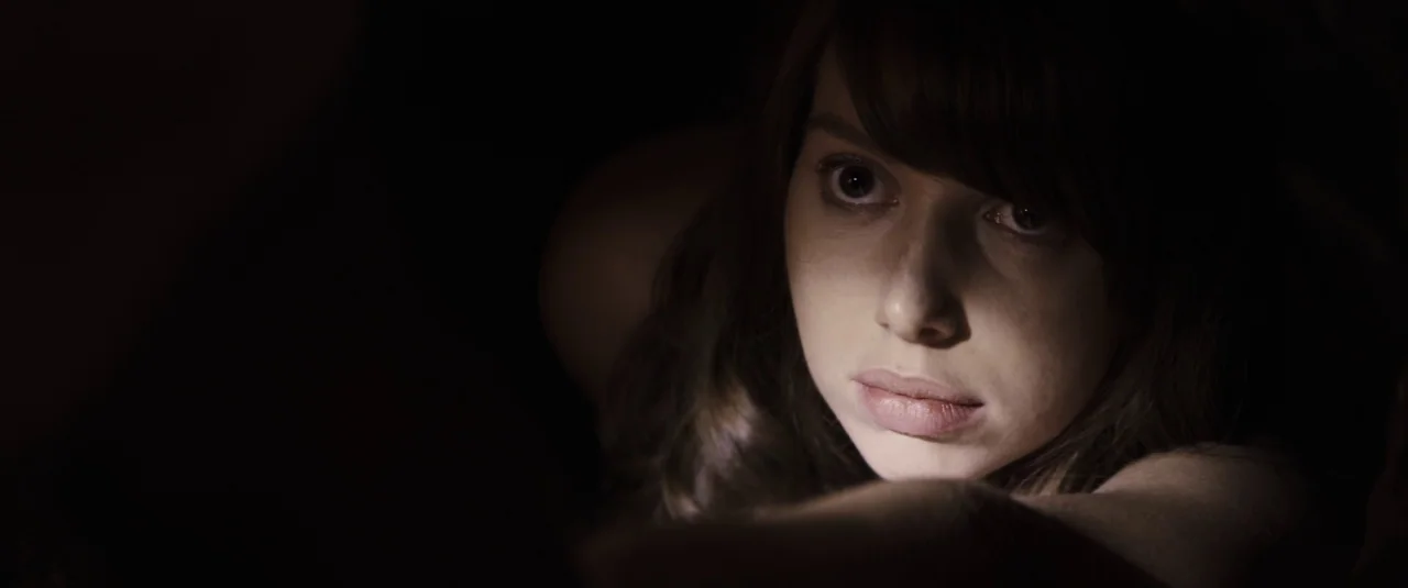 The Hole in the Ground (2019) movie still: closeup — A dark, undifferentiated interior space obscures all background details. A young woman with…