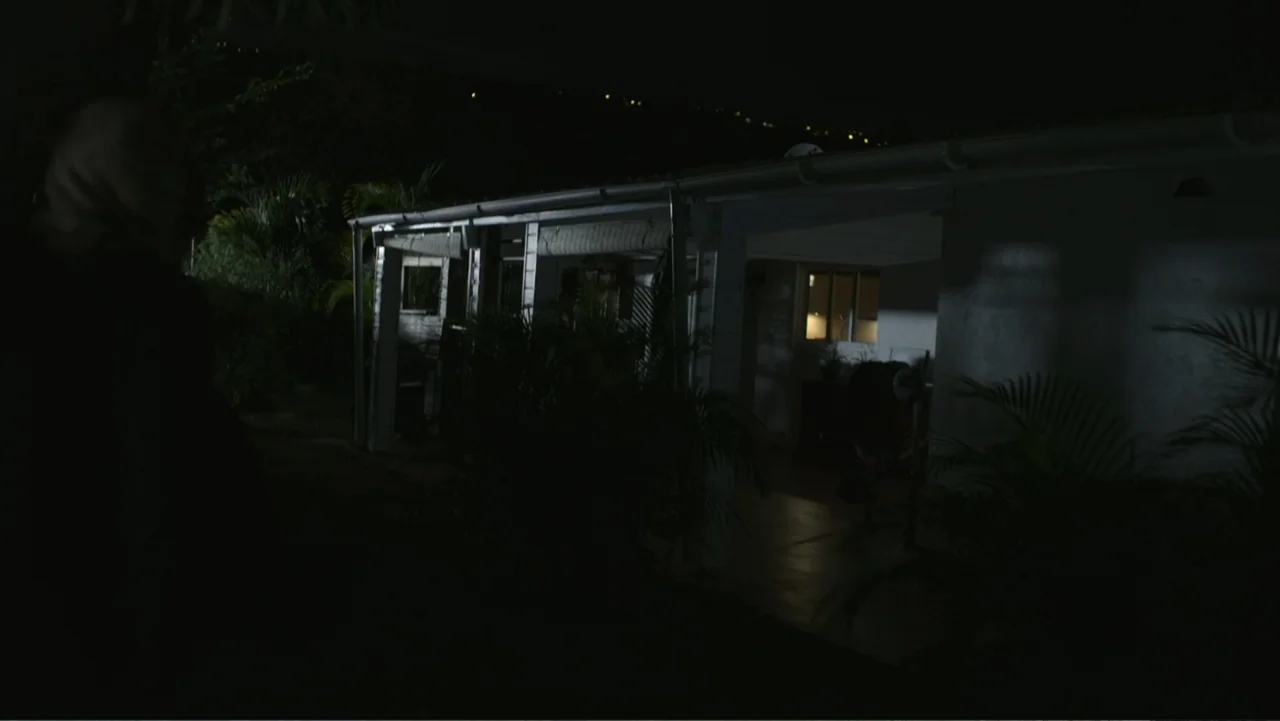 Unknown #1 movie still: wide — A dark night scene outside a house with foliage and a covered patio area. A person wearing a hooded garment stands in…