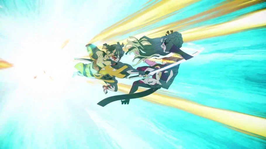 Demon Slayer: Kimetsu no Yaiba (2019) movie still: wide — Two animated characters clash with swords in an abstract space of light streaks. The…