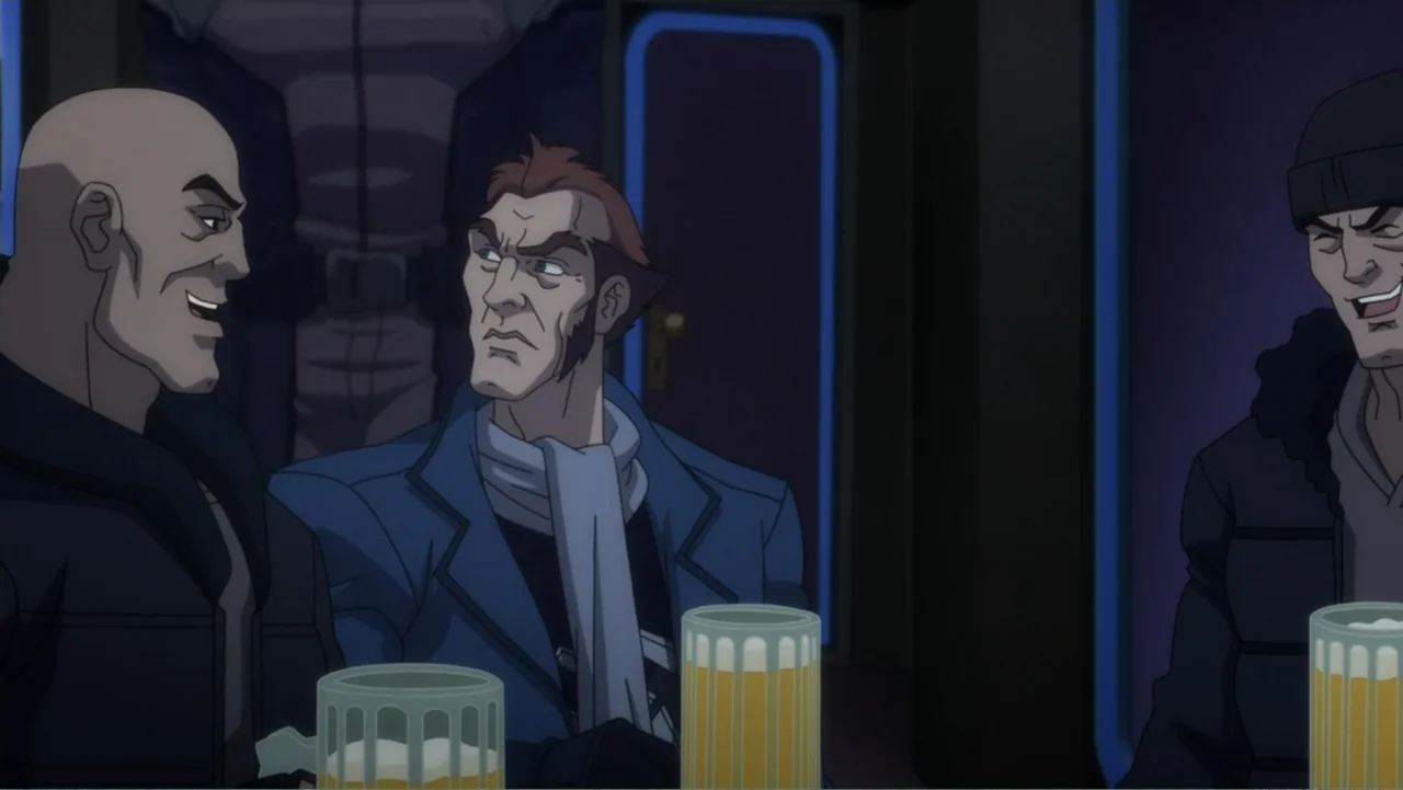 Batman: Assault on Arkham (2014) movie still: medium — A dimly lit bar with three men seated around a table with beer mugs. The men engage in…