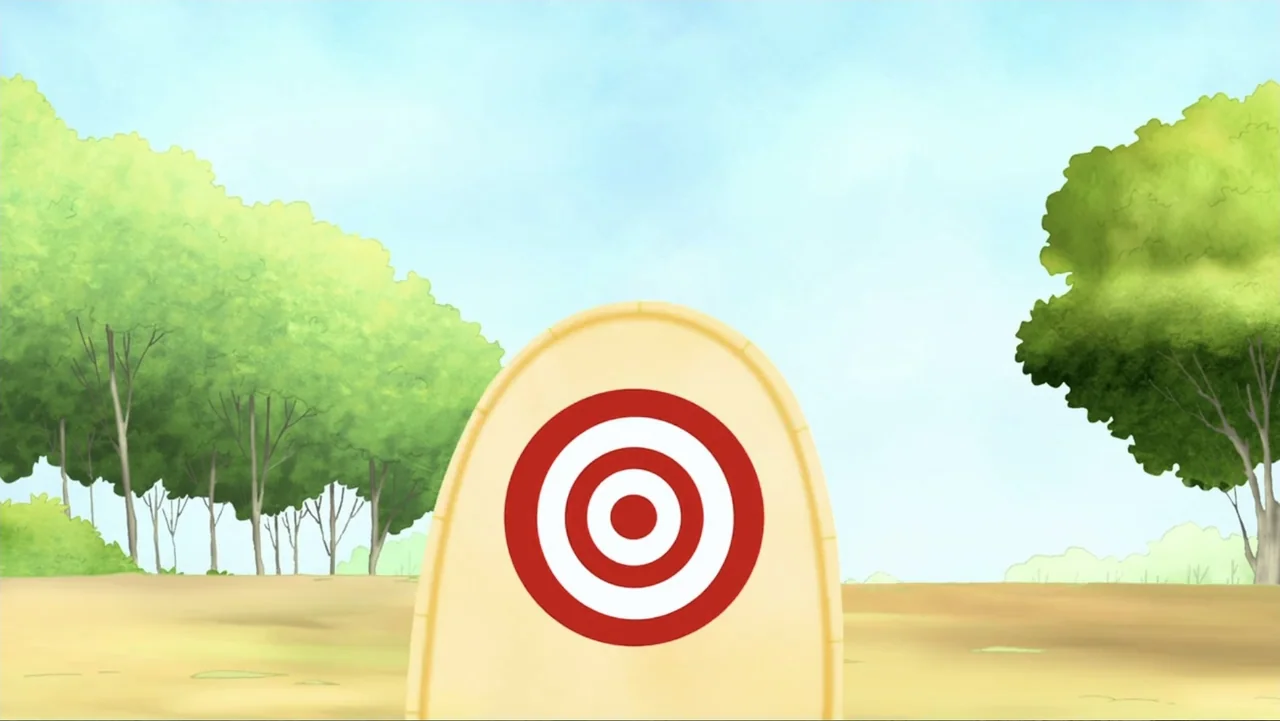 Tom and Jerry: Robin Hood and His Merry Mouse (2012) movie still: wide — An open grassy field features a lone rounded archery target in the…