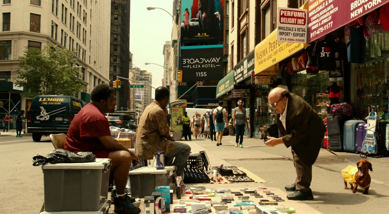Wiener-Dog (2016) movie still: fullbody — A crowded New York City sidewalk features various vendors selling jewelry and electronics. An older man in…