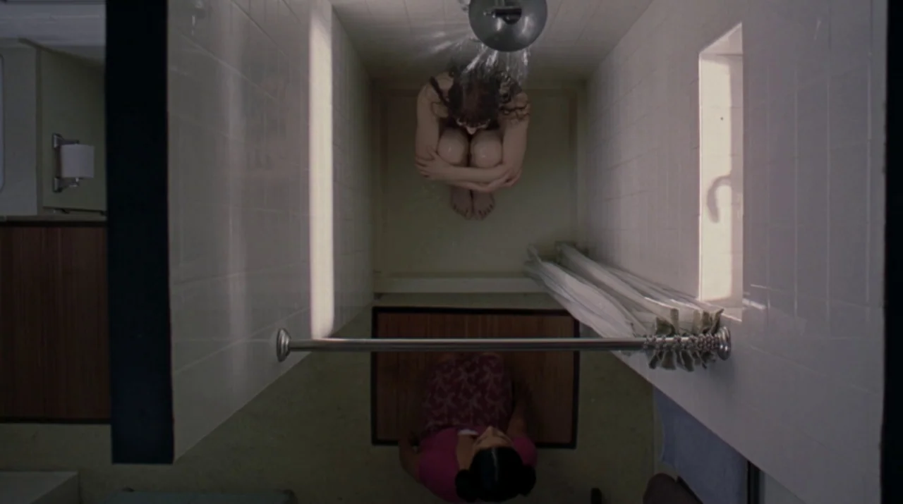 Lady in the Water (2006) movie still: wide — A tiled bathroom features a shower enclosure on one side and an open floor. One woman huddled under the…