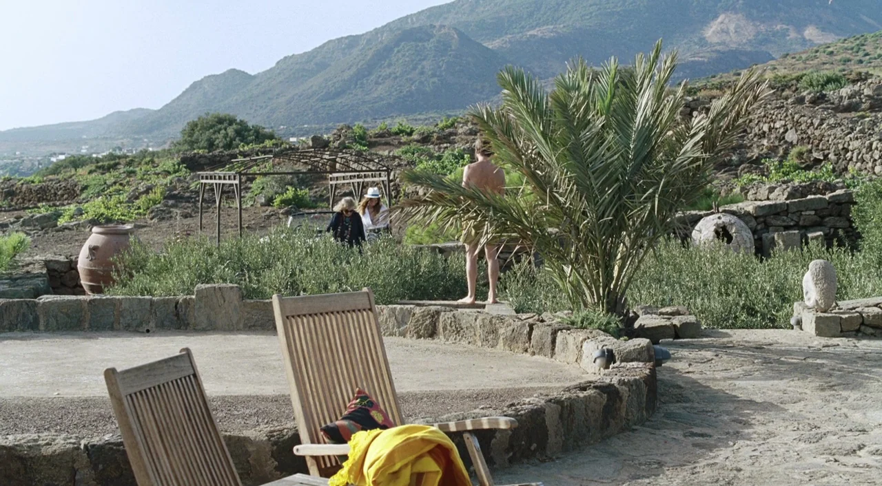 A Bigger Splash (2015) movie still: wide — A sunny stone terrace sits at the base of a volcanic mountain range. A shirtless man stands near a palm…
