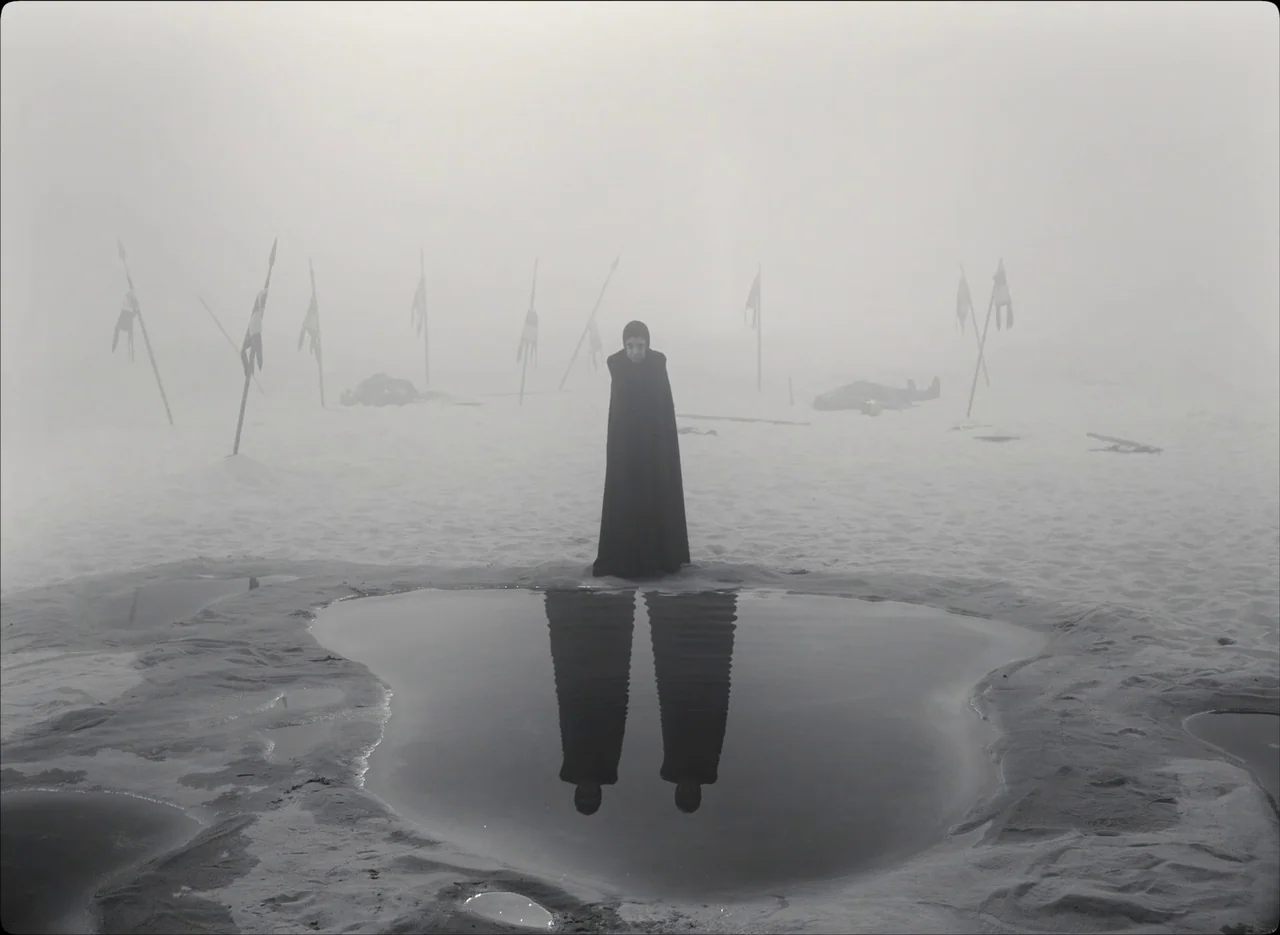 The Tragedy of Macbeth (2021) movie still: wide — A desolate, fog-covered landscape scattered with fallen lances and distant prone figures. A…