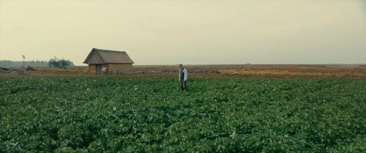 The Promised Land (2023) movie still: wide — A vast field of green potato plants stretches towards a small, thatched-roof wooden cottage. A lone man…