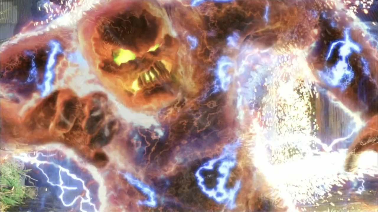 Scooby-Doo 2: Monsters Unleashed (2004) movie still: closeup — A gargantuan creature composed of swirling fire and lightning dominates the frame.…