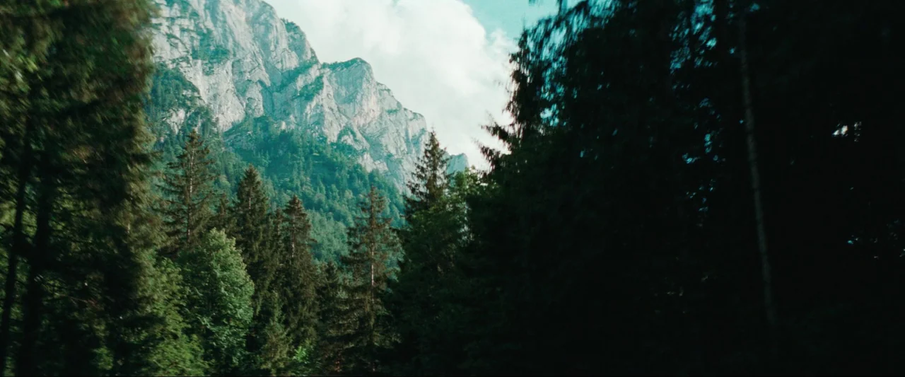 Cuckoo (2024) movie still: establishing — A dense coniferous forest stands in the foreground before a massive craggy mountain peak. Fluffy white…